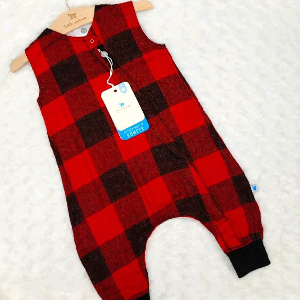 NEW Little Unicorn buffalo check muslin romper size 6-12 months